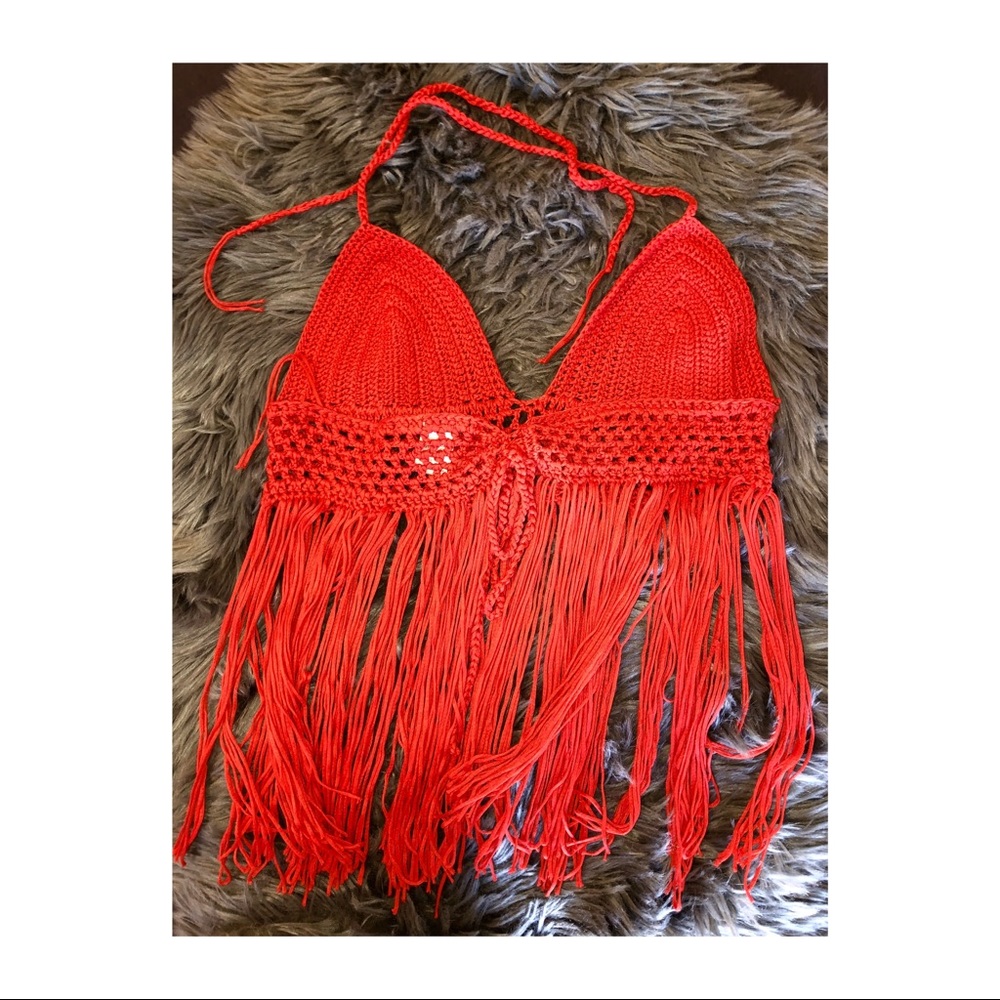 Forever 21 Red Crochet Fringe Halter Top
